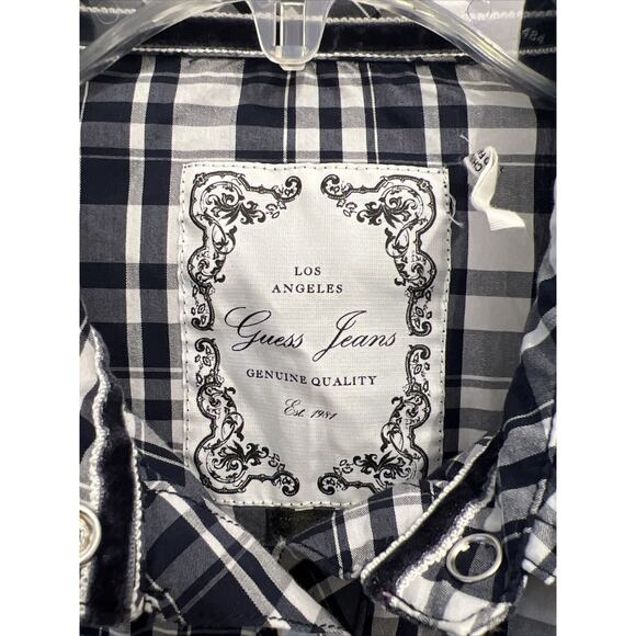 Guess Jeans BLUE/WHITE Checkered Pearl Snap Long Sleeve Shirt Women’s Sz L - Picture 4 of 11